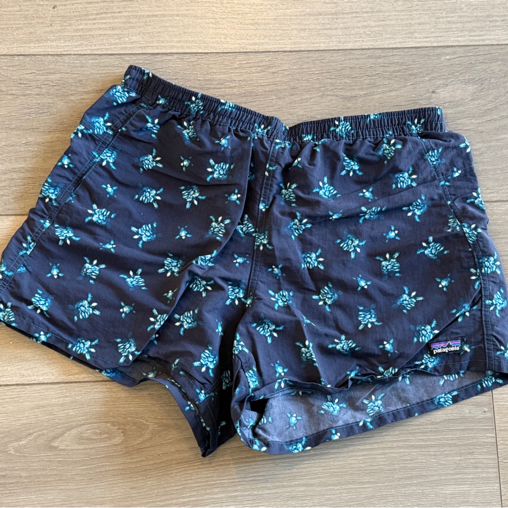 Patagonia Womens Swim Shorts BLUE Turtles Size Large Drawstring Waist Pockets